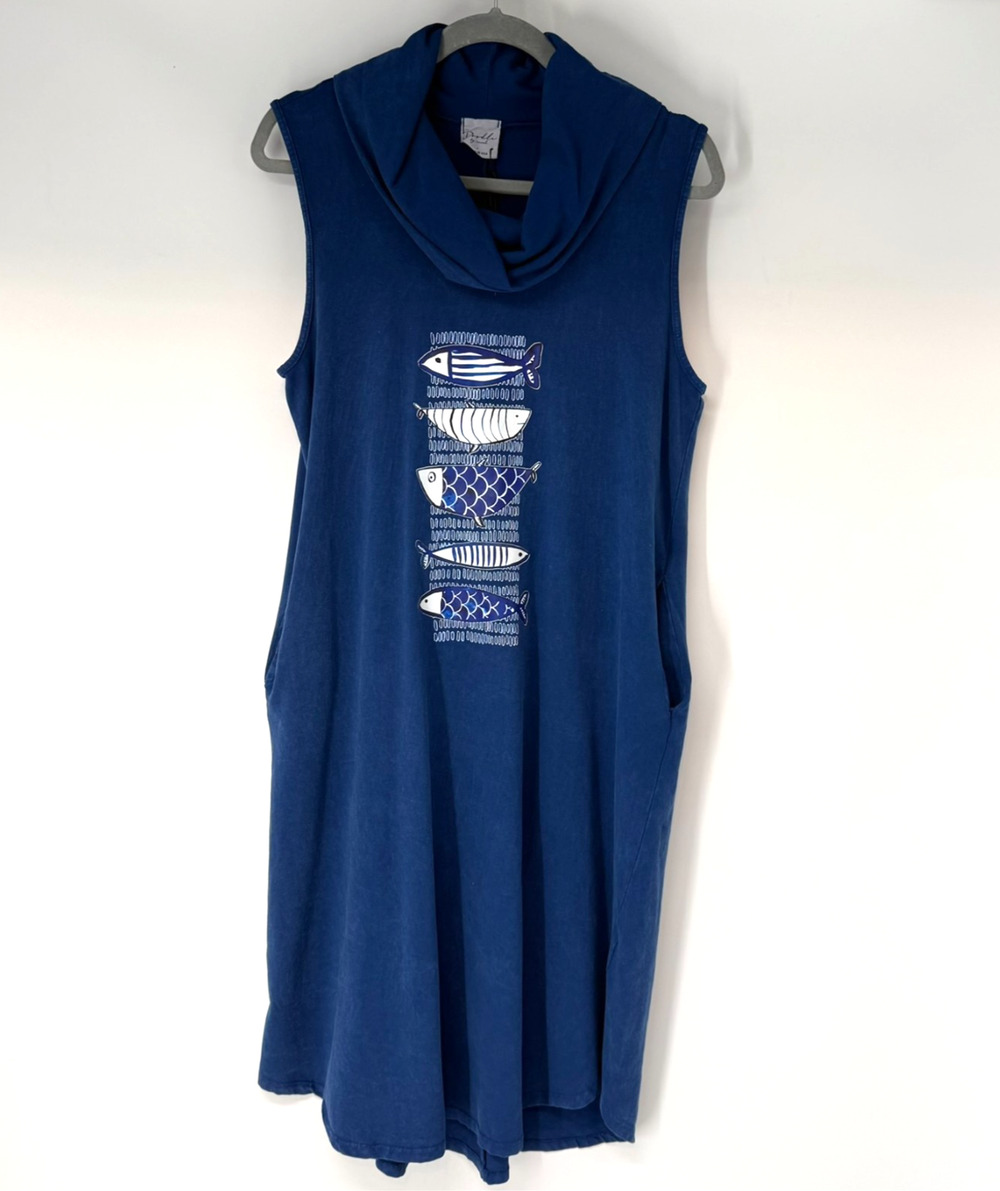 NWT Doodle By Inoah Sleeveless Dress Women L Blue Fish Hooded Cowl Neck Artsy